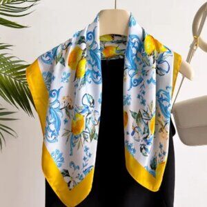 Italian Scarf European Silk Scarf Lemons Fruit with Blue